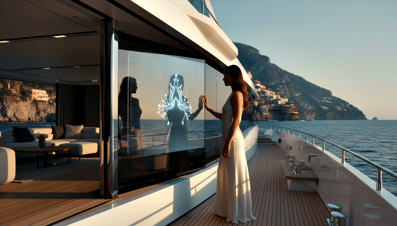 Woman in white sleeveless gown touches glass panel displaying cyan holographic humanoid figure on yacht deck, coastal cliff village behind.