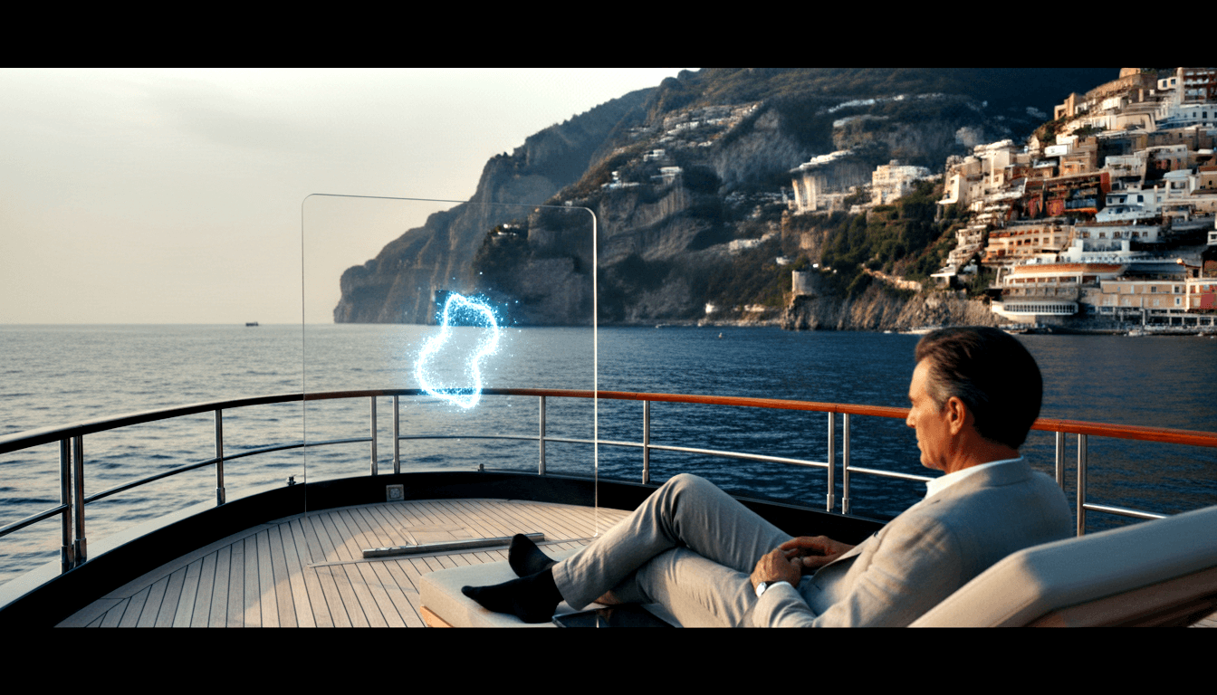 Man in cream suit reclining on yacht deck facing glowing cyan shape, cliff buildings over blue ocean behind.