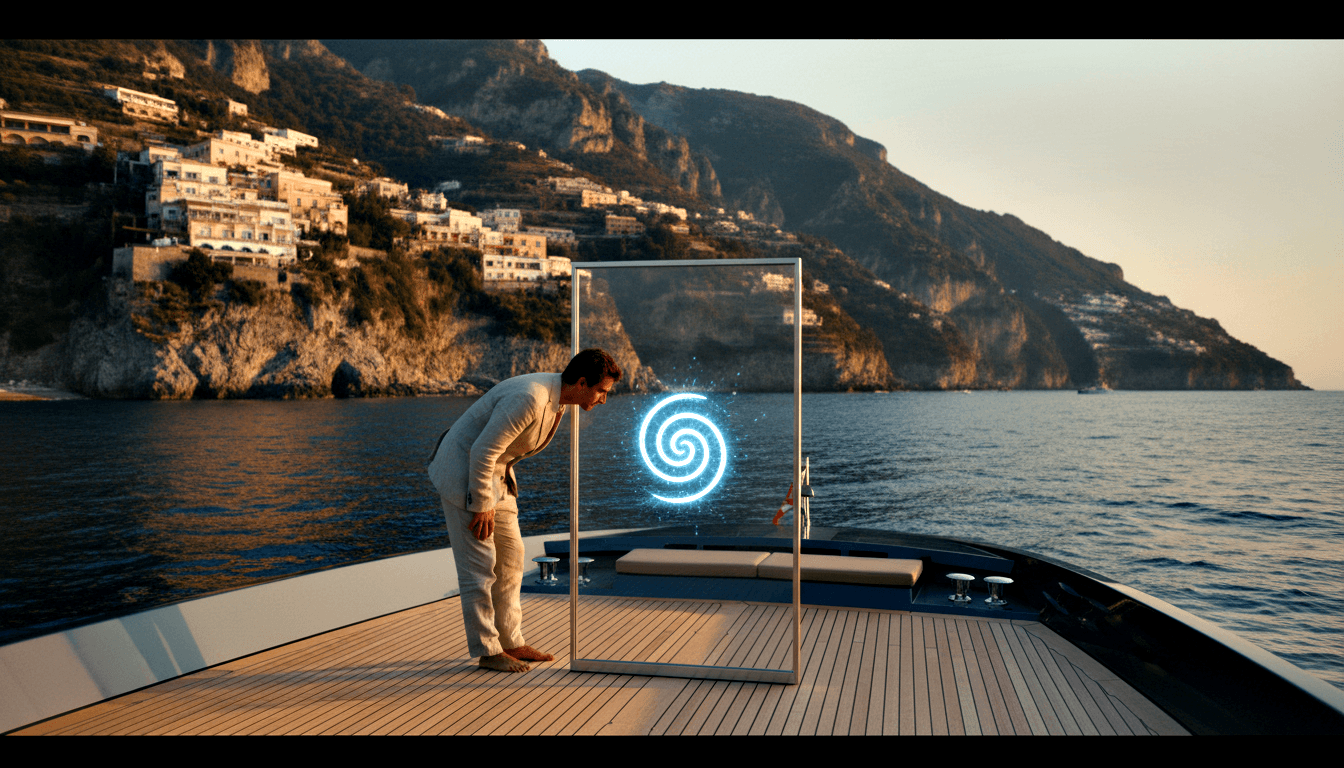 Barefoot man in beige linen suit bends to peer into a glowing blue-white spiral vortex in a transparent frame on a yacht deck.