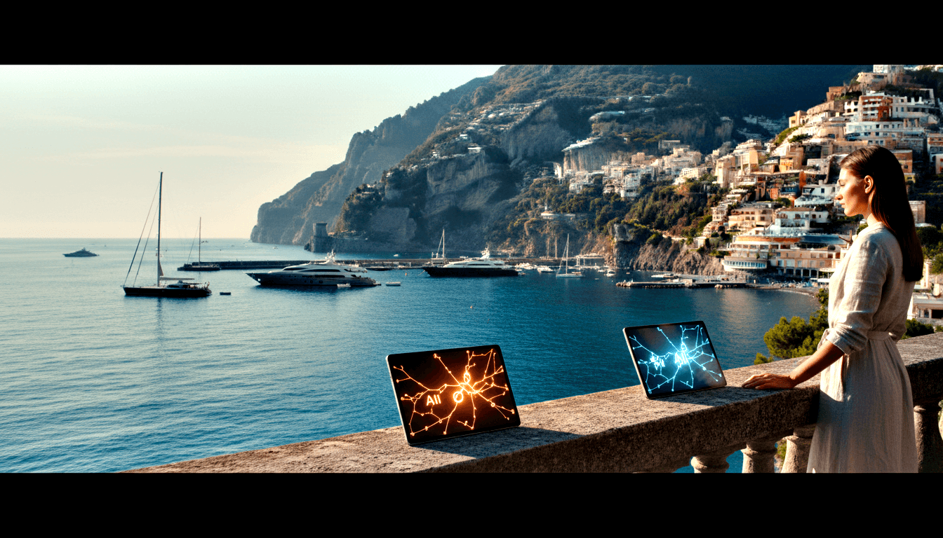Woman in cream dress at stone balustrade with two laptops showing network diagrams; colorful cliffside town and yacht harbor behind.