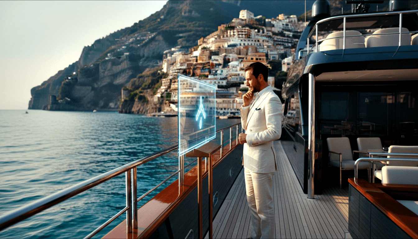 Bearded man in cream linen suit studies a glowing blue holographic panel on a superyacht teak deck.