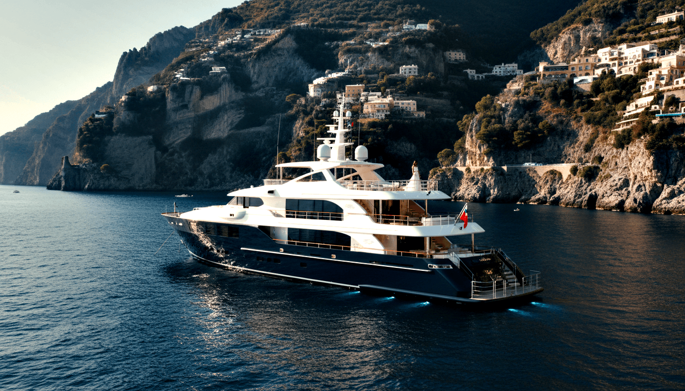Large motor yacht with navy hull and white superstructure on calm teal-grey water beside steep coastal cliffs with pastel villas.