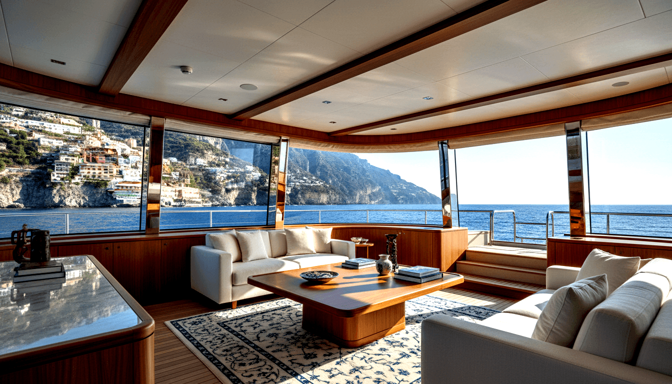 Yacht salon with cream sofas, teak coffee table, panoramic windows overlooking blue sea and rocky cliffs with colorful buildings.