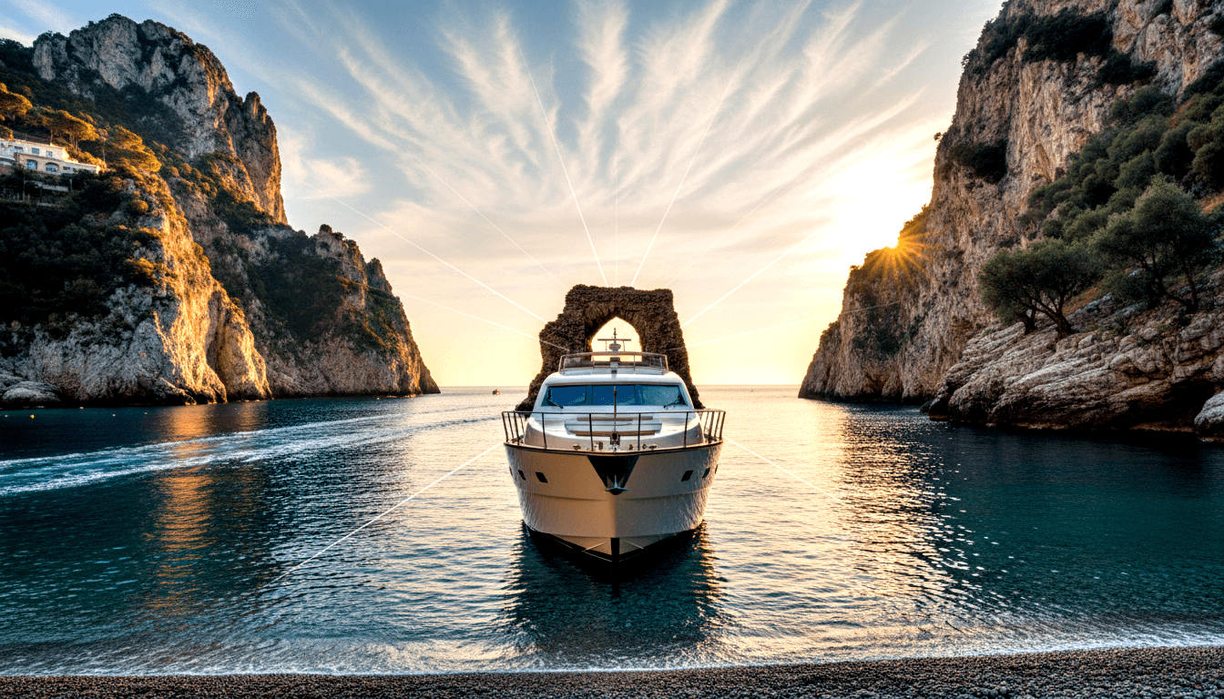 White flybridge motor yacht centered in a coastal cove with limestone cliffs, stone arch, and golden-hour sunlight on teal water.