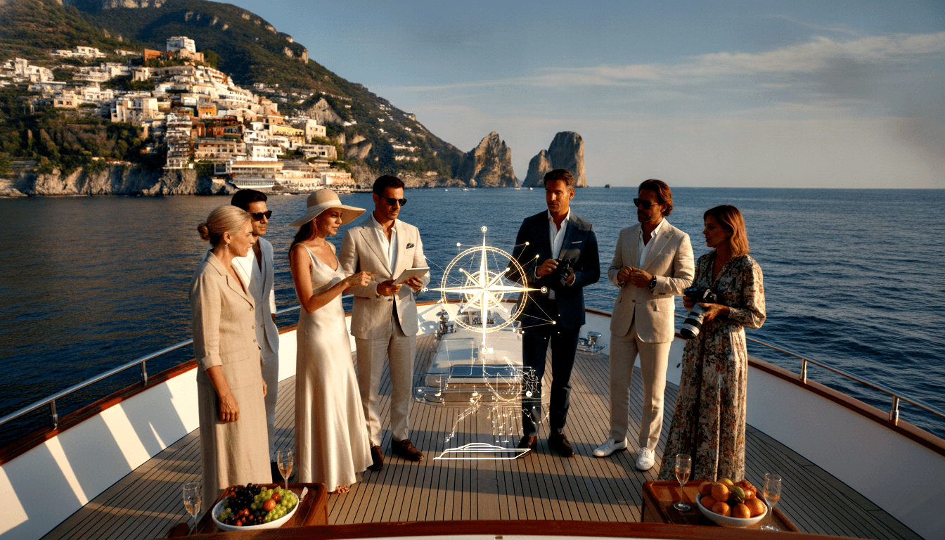 Six adults on a teak yacht deck holding wine glasses and a tablet, with fruit boards, sea stacks, and a clifftop town behind them.