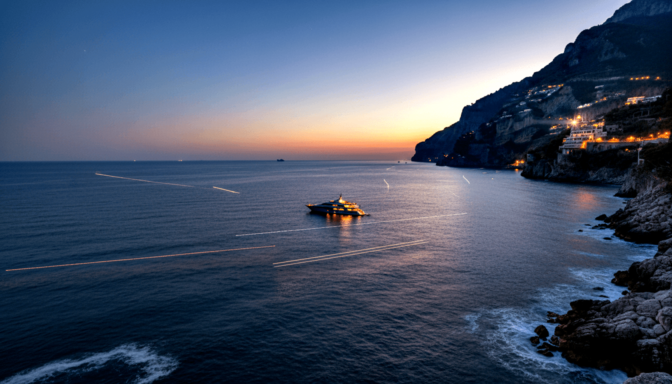 Golden motor yacht on twilight water with red and white light trails; illuminated buildings cascade down dark rocky cliffs at right.