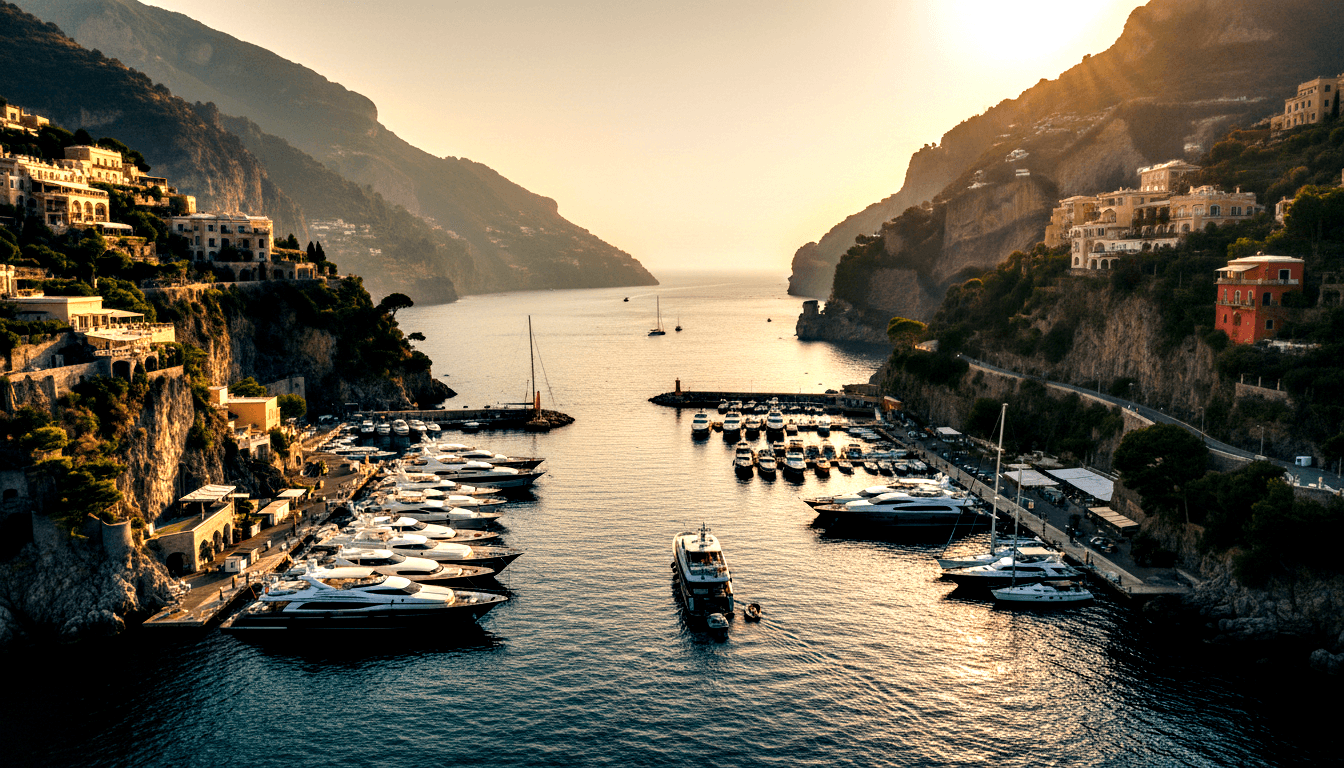 Steep ochre cliffs flanking a narrow coastal inlet packed with white yachts in rows, terraced villas on cliffsides, golden-hour light.