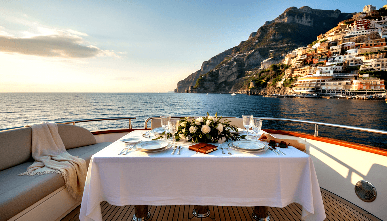 Yacht teak deck table set for two with white roses, crystal glasses, silverware; terracotta cliff buildings over deep-blue water.