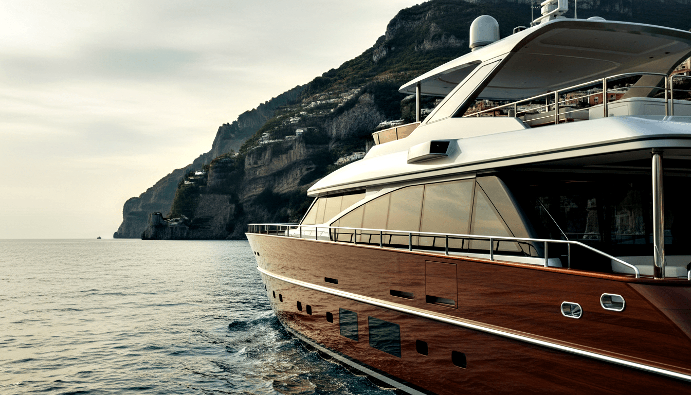Multi-deck motor superyacht with teak hull cladding, white superstructure, and large tinted panoramic windows on calm dark blue-grey water.