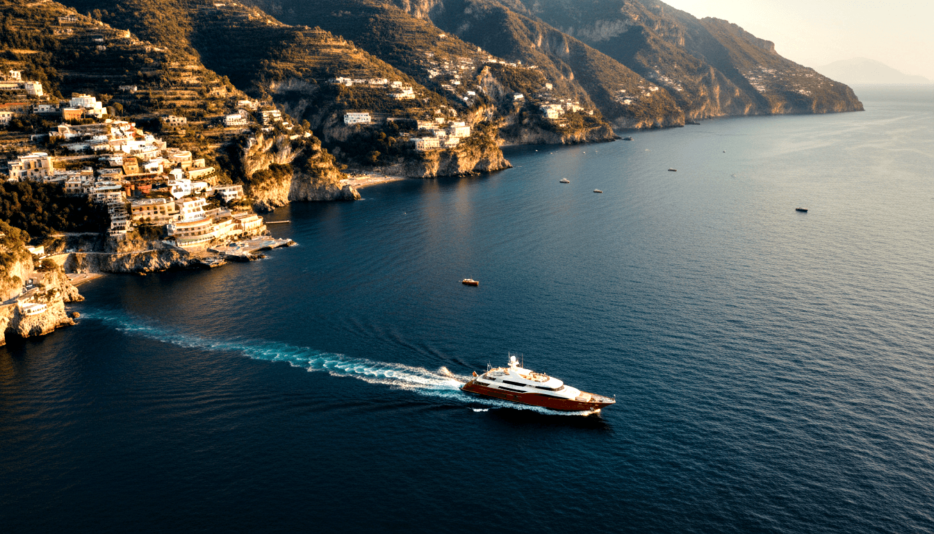Large motor yacht with dark reddish-brown hull and white superstructure leaving a white wake past steep vegetated cliffs with terraced buildings.