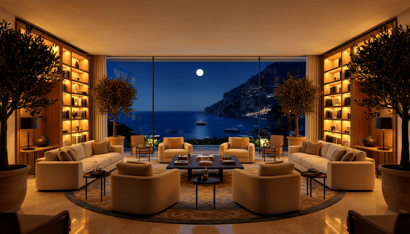 CGI living room: cream sofas, amber bookshelves, olive trees, floor-to-ceiling windows with moonlit coastal bay view.