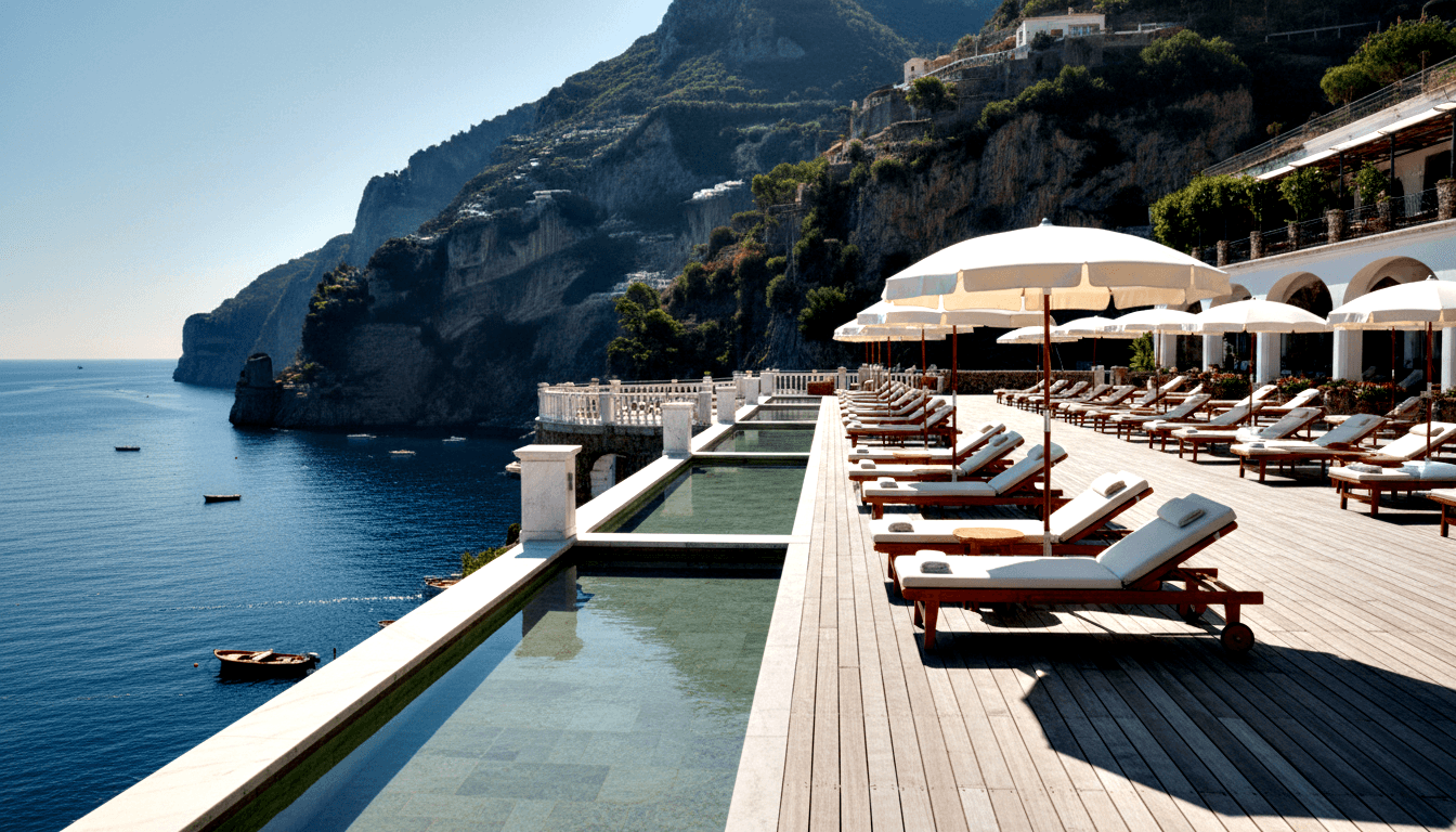 Cliffside resort terrace with infinity pool, wooden sun loungers, white parasols, arched buildings, and cobalt sea with small boats far below.