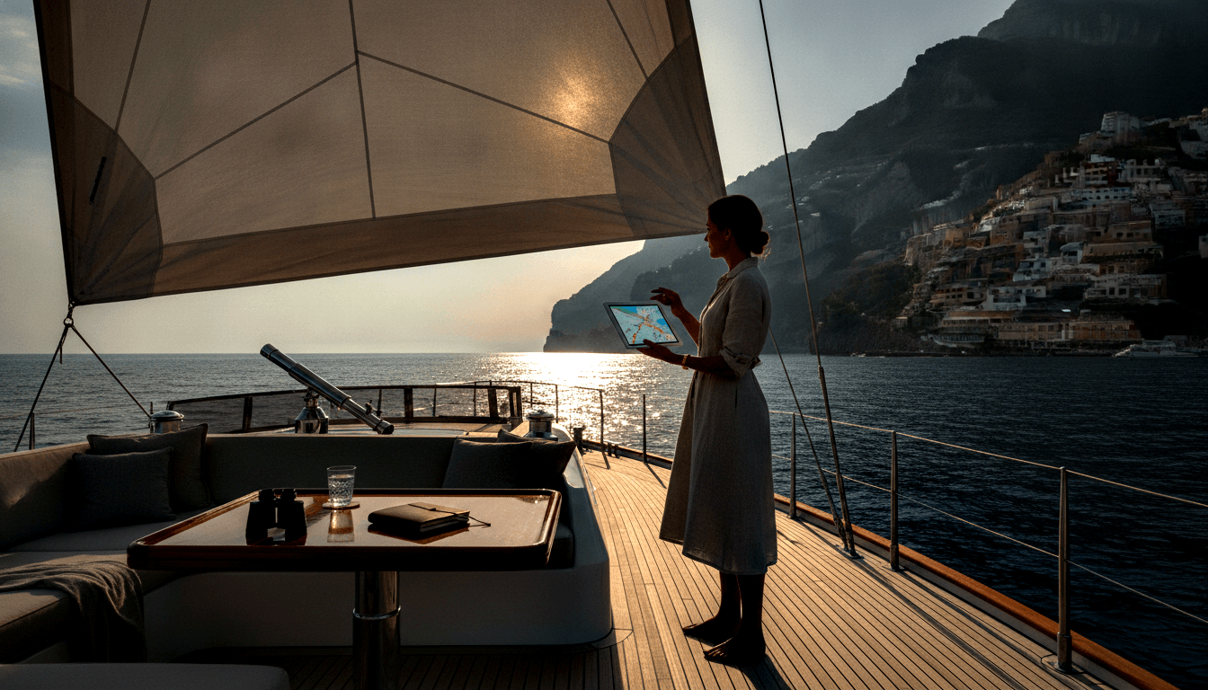 Woman in light dress on teak yacht deck holding illuminated tablet with colorful navigation chart, backlit by golden sunlight.