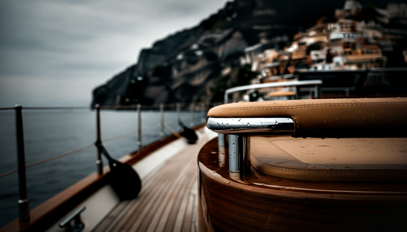 Tan cushioned marine seat with chrome armrests on teak yacht deck, rain droplets visible, colorful cliff buildings in background.