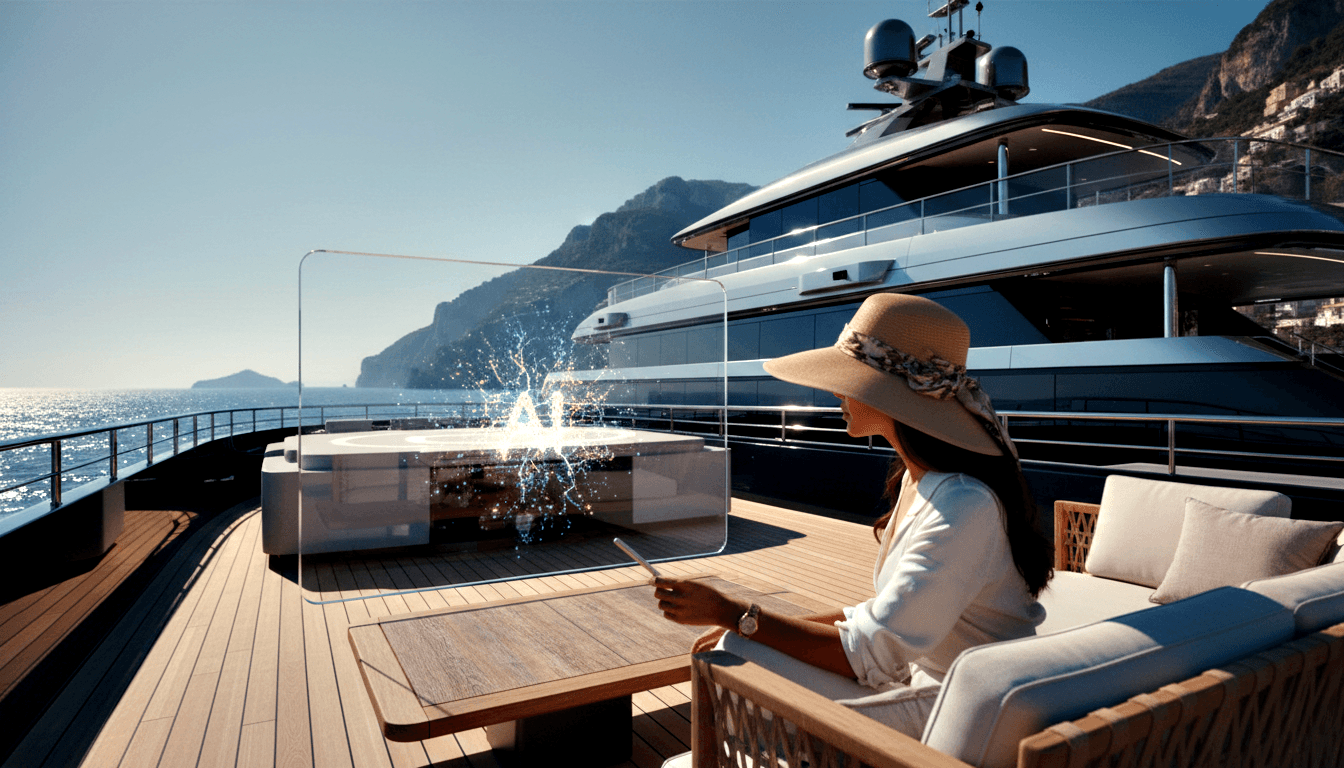 Dark-haired woman in straw hat and white linen sits on a rattan sofa on a yacht deck, using a stylus on a holographic display.