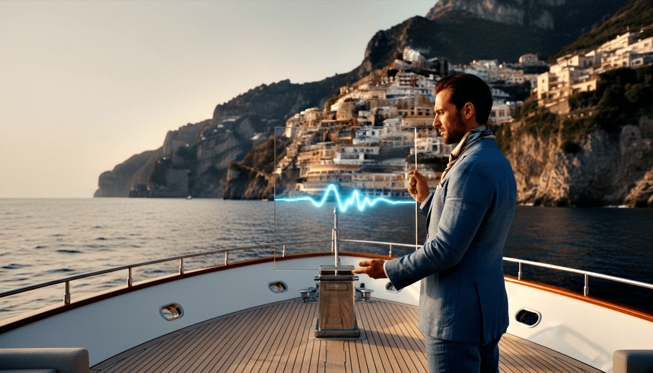 Man in blue linen suit gesturing at a glowing blue waveform panel on a yacht's teak bow deck, hillside town visible behind.