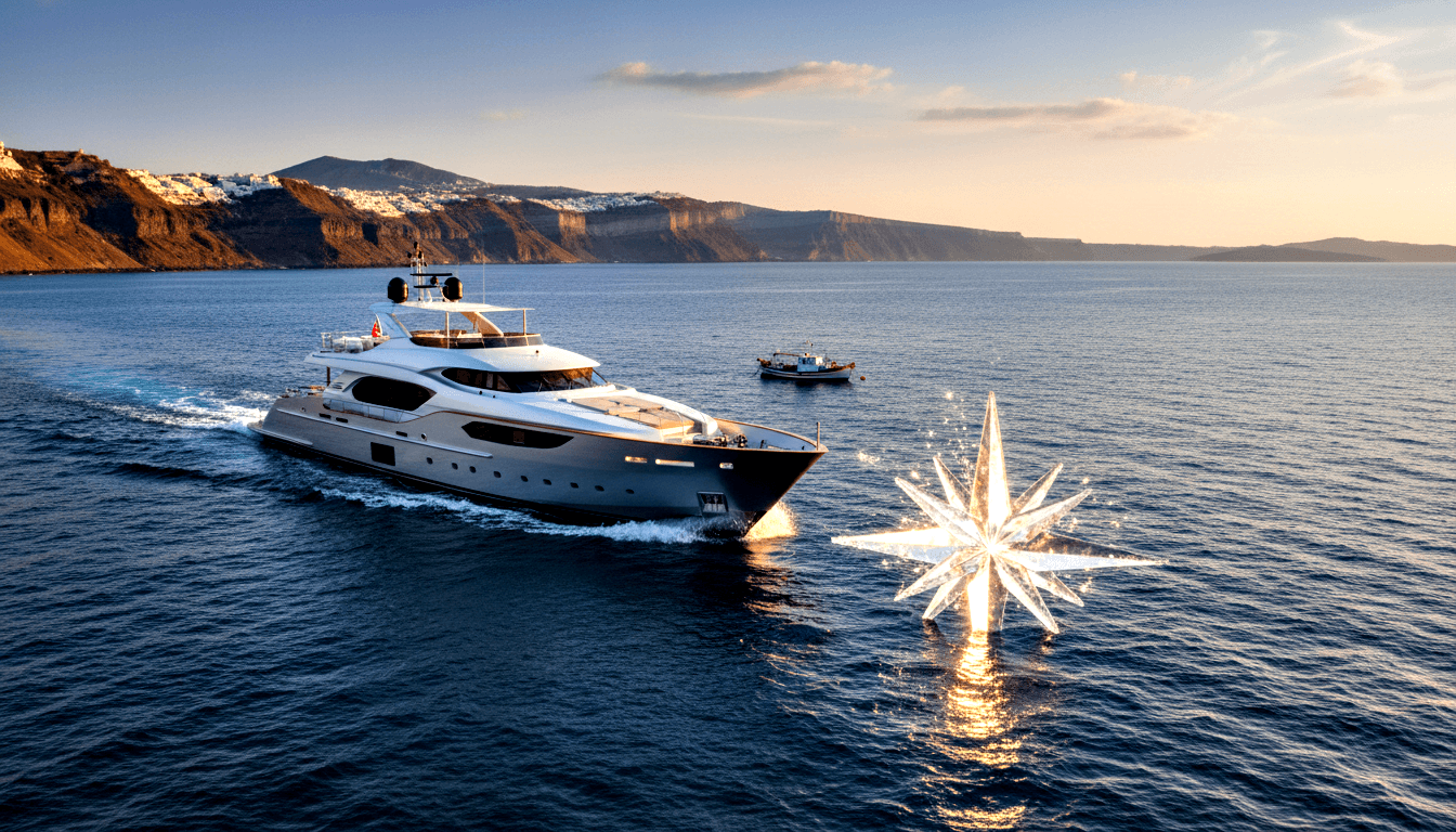 White and charcoal multi-deck motor yacht moving through navy water past volcanic cliffs and a white hilltop settlement at golden sunset.