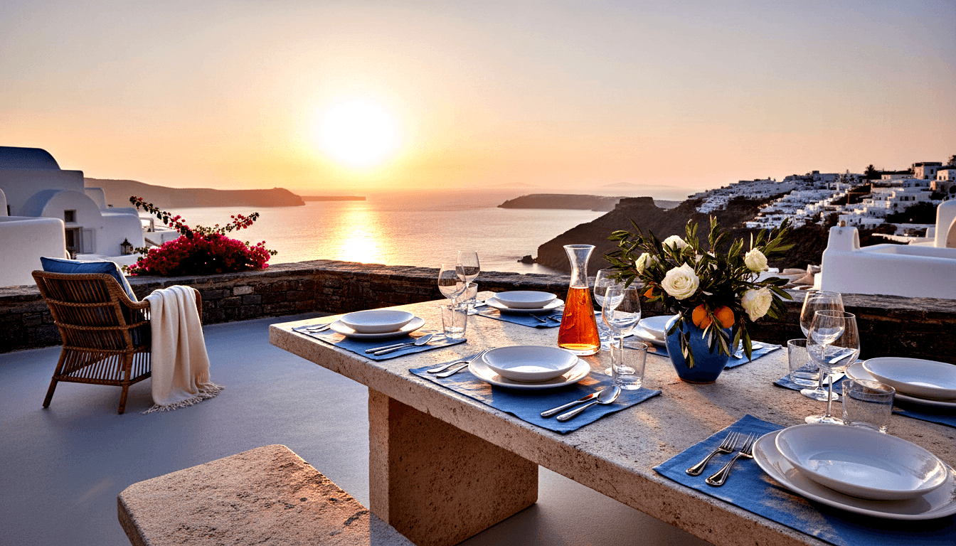 Outdoor dining table with white plates, wine glasses, and blue linens on a whitewashed terrace overlooking coastal cliffs at sunset.