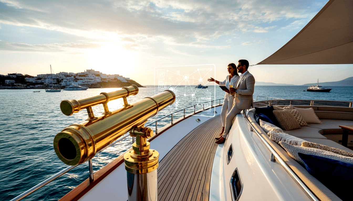 Woman in light pantsuit and man in cream suit at yacht bow railings with champagne, holographic network diagram floating between them.