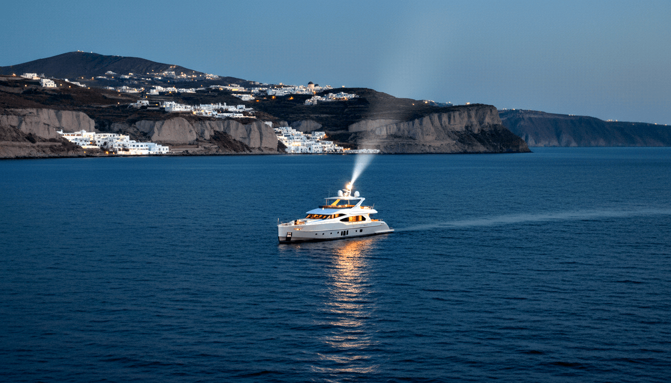 Large white motor yacht moving through navy water at dusk, amber cabin lights reflecting gold on the surface, white searchlight beam from mast.