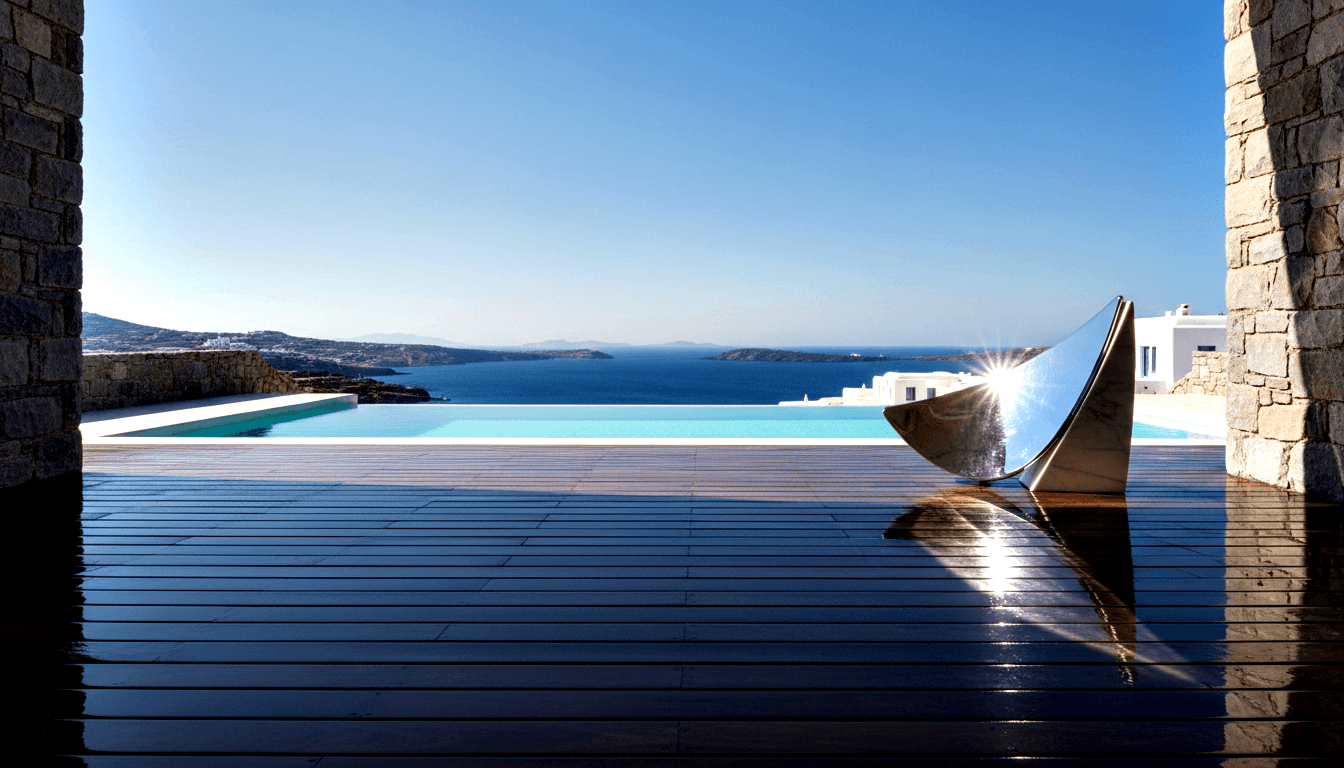 Dark hardwood terrace with stone pillars frames turquoise infinity pool merging with cobalt bay; steel crescent sculpture reflects sunburst.
