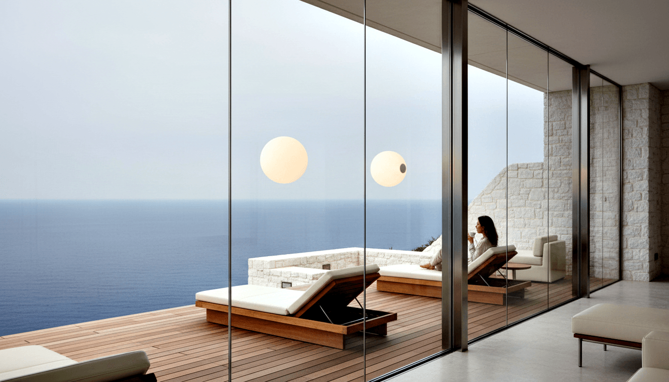 Woman reclining on white sun lounger with cup, gazing at ocean through open glass sliding panels onto hardwood terrace.
