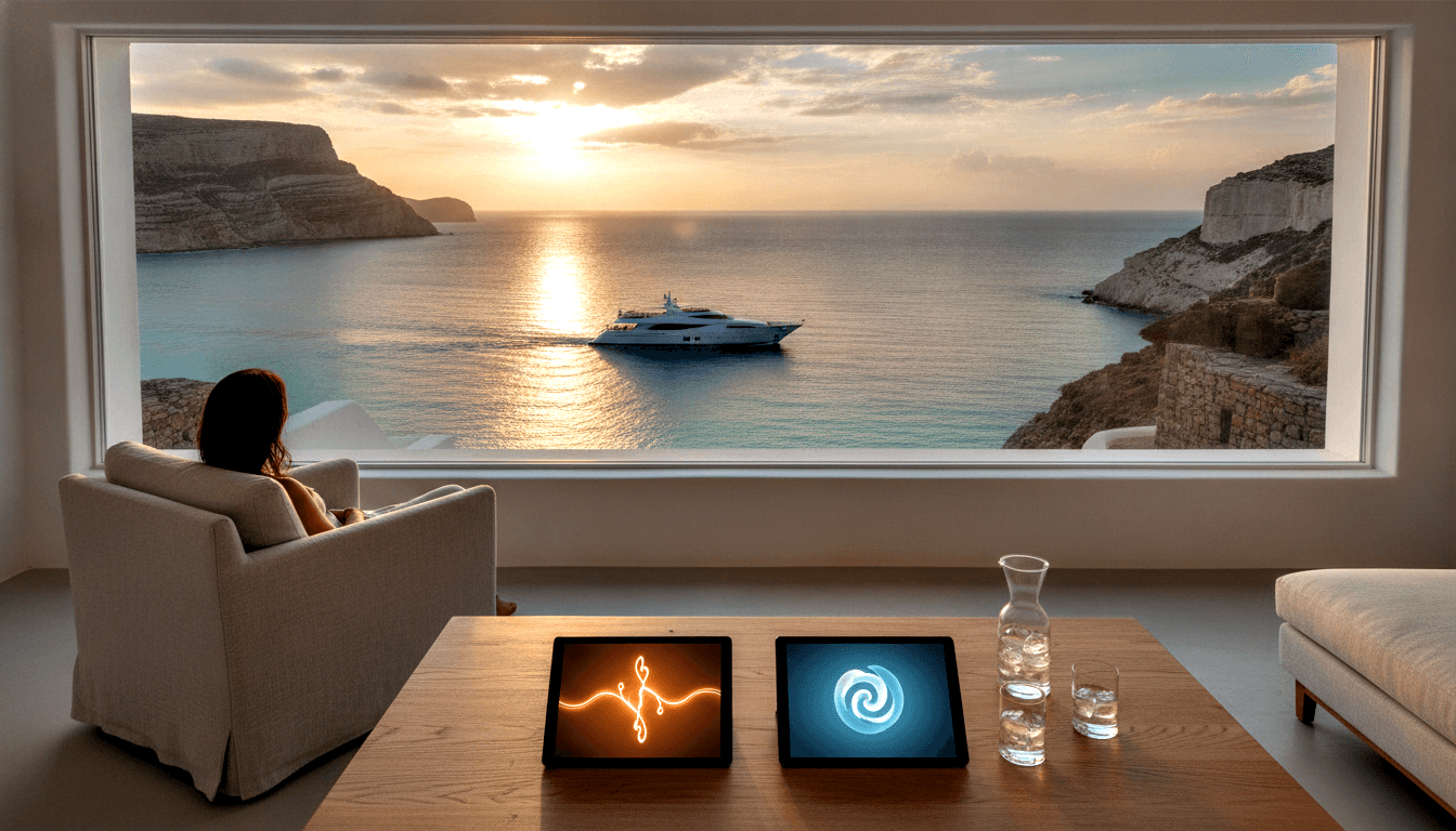 Person in beige armchair gazing through a wide window at a coastal sunset with turquoise water, cliffs, and a white motor yacht.