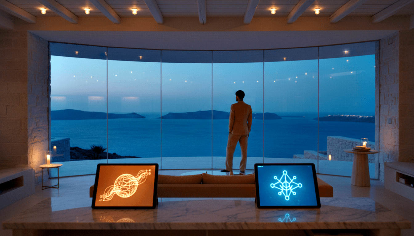 Man in cream suit stands with hands clasped behind back facing curved floor-to-ceiling glass window showing a coastal twilight seascape.
