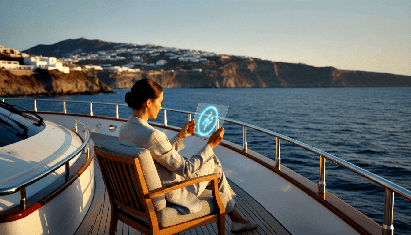 Dark-haired woman in light grey linen blazer sits in deck chair on yacht holding transparent device with electric blue circular glow.