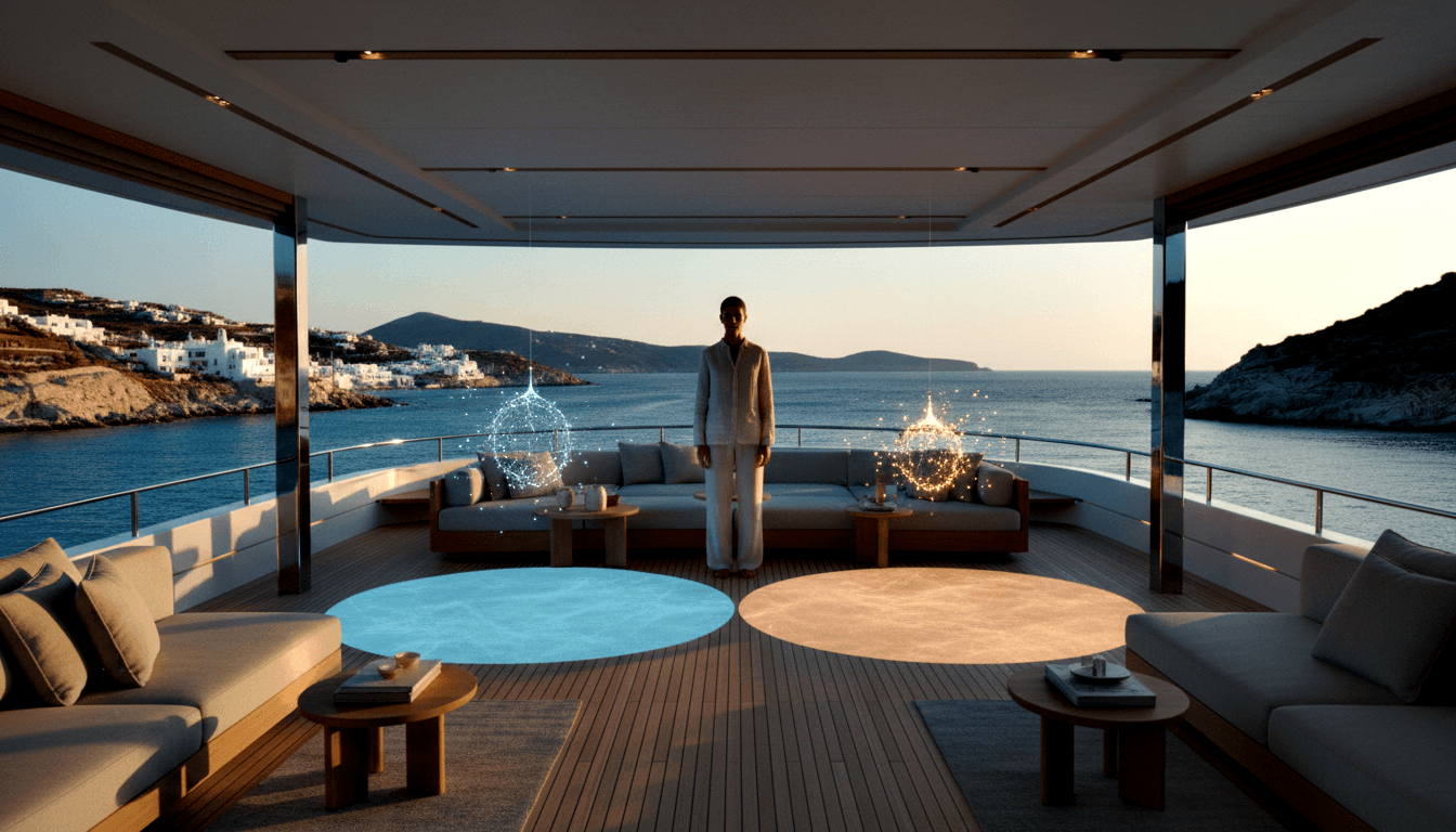 Backlit male in linen suit on yacht deck flanked by blue-white and amber glowing spheres with circular floor projections on teak.