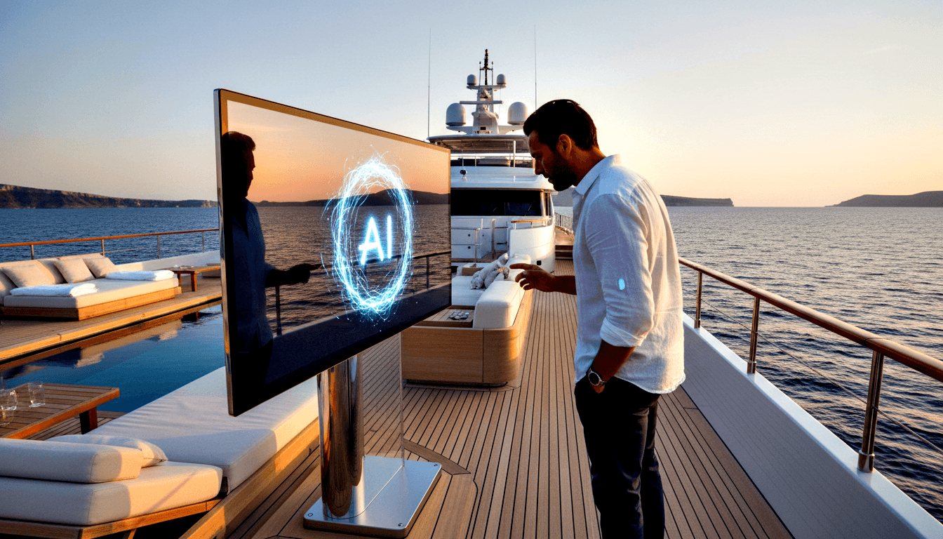 Man in white linen shirt points at flat-panel display showing glowing blue circular energy ring labeled 'AI' on superyacht deck.