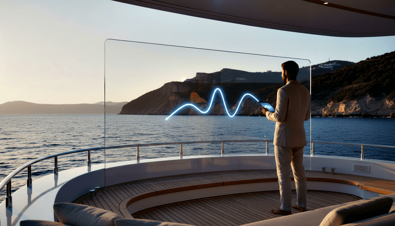 Barefoot man in beige linen suit on circular teak yacht deck holding tablet, facing glass panel etched with glowing blue sine wave.