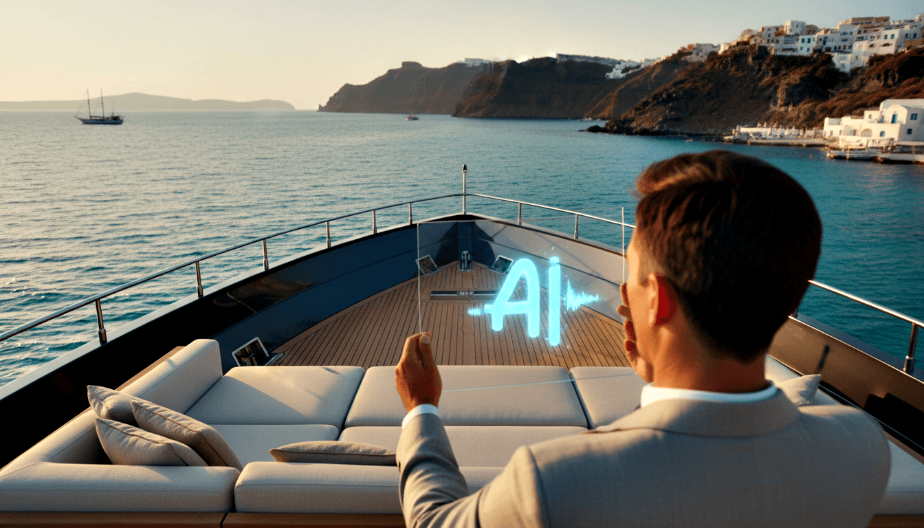 Man in gray jacket seen from behind on yacht deck gesturing at cyan holographic AI display with waveform graphic.