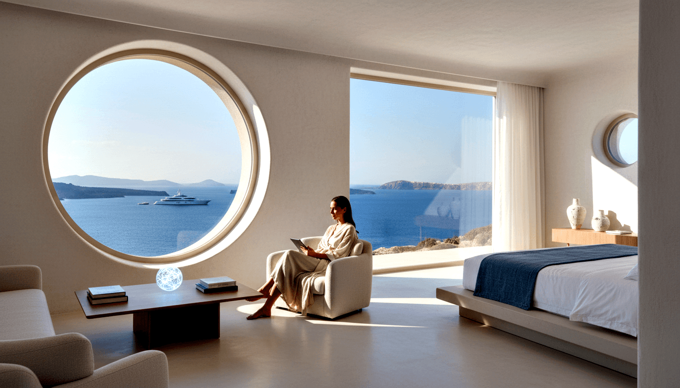 Dark-haired woman in cream robe sits barefoot in armchair between two windows; porthole frames blue sea, glowing latticed sphere on low table.