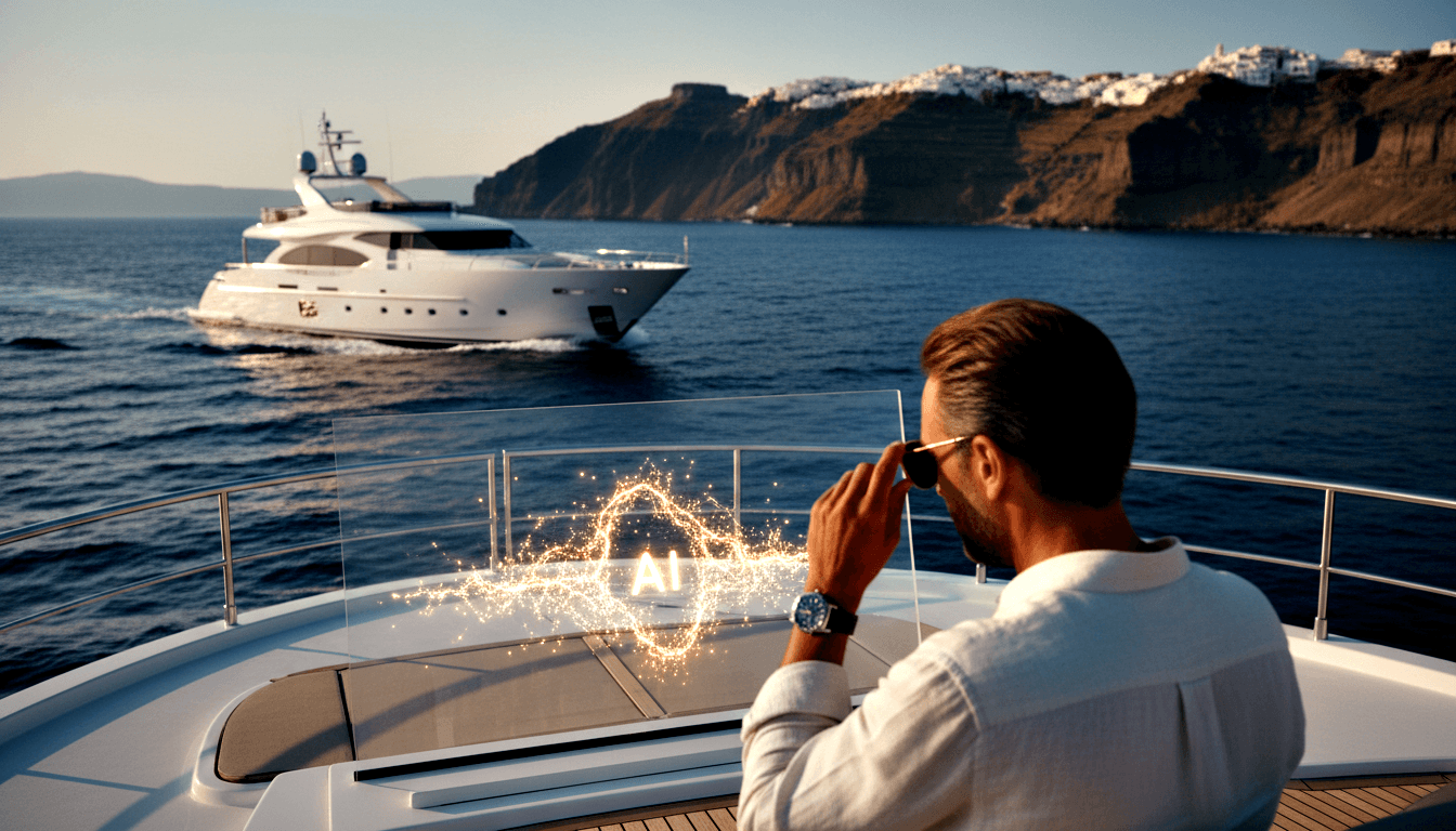 Man in white linen shirt and sunglasses on yacht deck, facing a large white motor yacht on calm blue water with cliff-top white buildings behind.