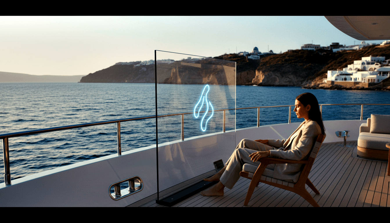 Dark-haired woman in linen suit sits barefoot in deck chair on yacht facing a glowing cyan neon flame panel, rocky cliffs and sea behind.