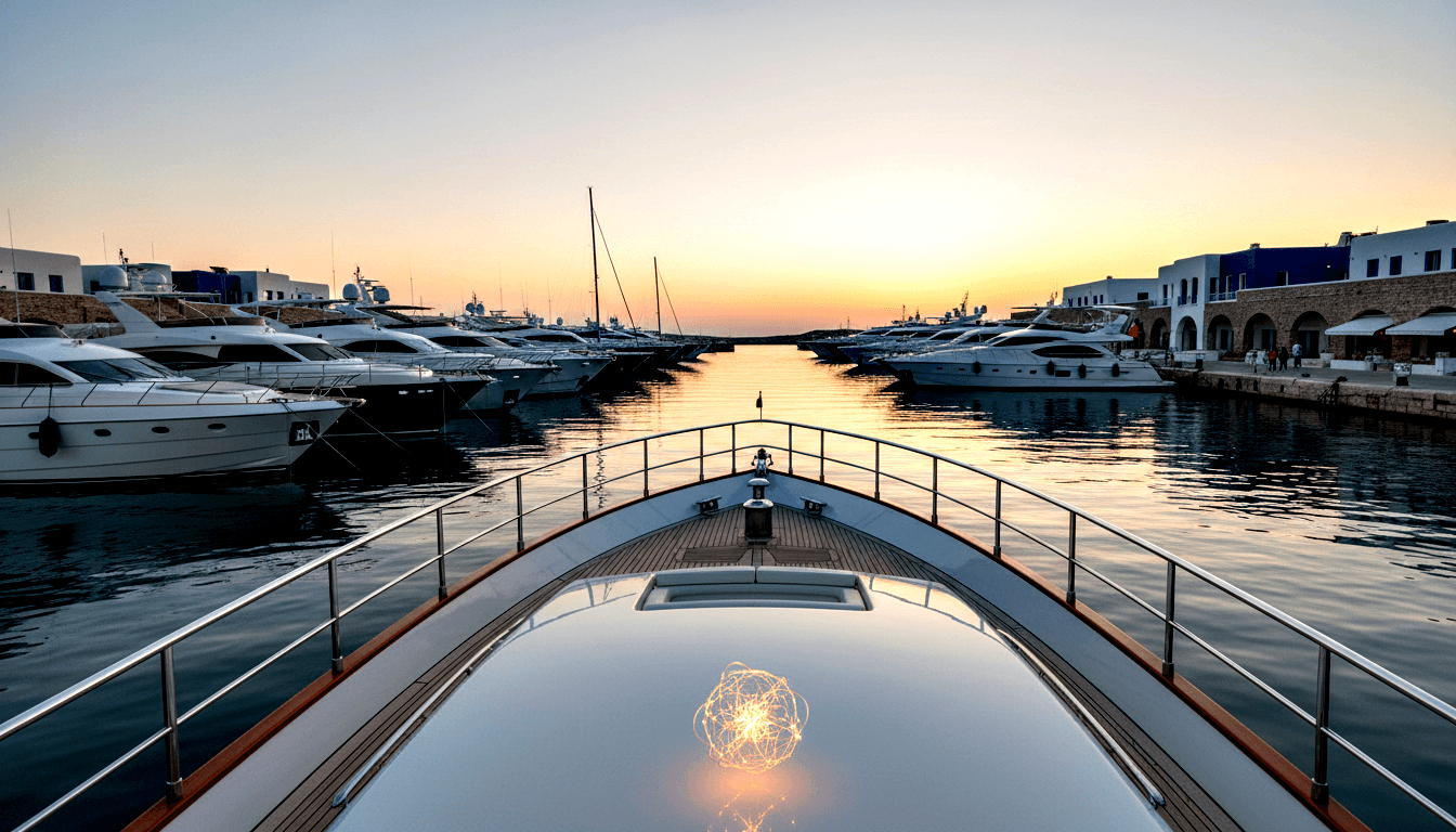 Upper yacht deck view over teak foredeck toward calm marina at sunset; whitewashed buildings line harbor; orange sky reflected on water.
