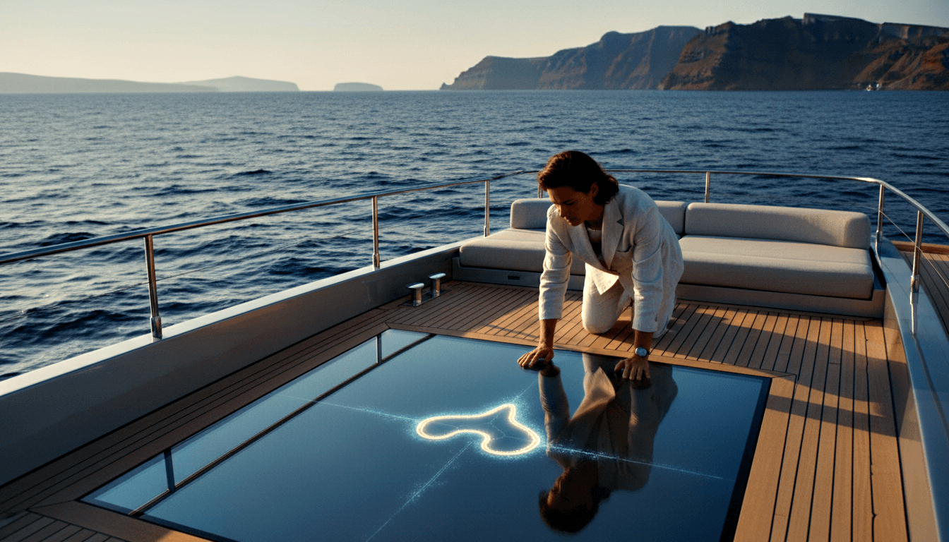 Person in white blazer kneels on teak yacht deck touching glowing blue-white glass floor panel, with deep-blue water and amber-red cliffs behind.