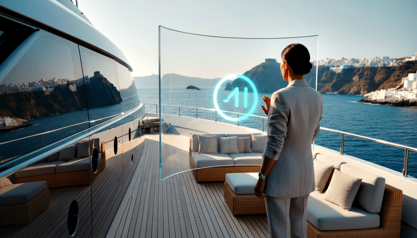 Woman in beige blazer gestures at a glowing cyan holographic circular chart on a superyacht teak deck with coastal buildings behind.
