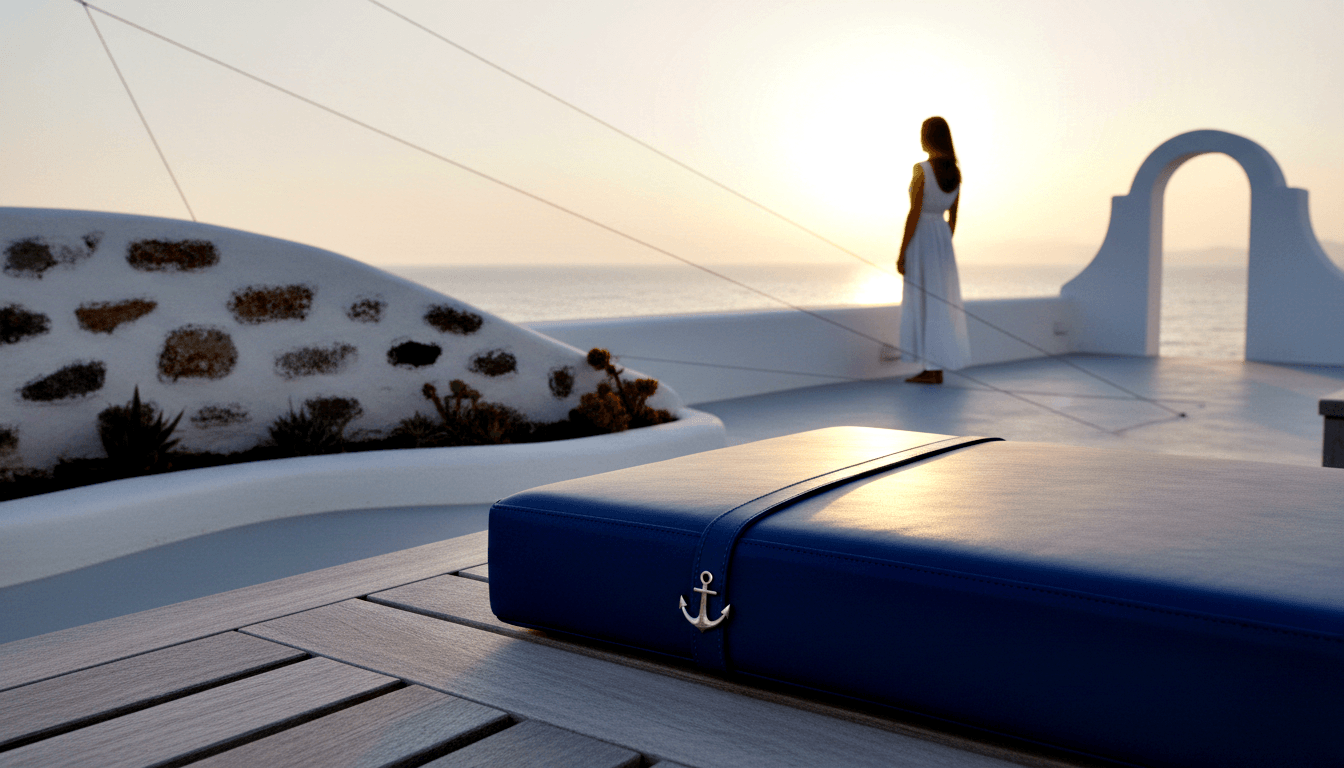Navy blue leather cushion with silver anchor emblem on wooden deck; woman in white dress faces golden sunset over the sea.