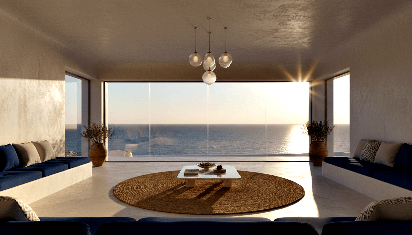 Symmetrical living room: navy sofas, white stone coffee table, amber rug, glass panels opening to sea and rocky coastal cliffs.
