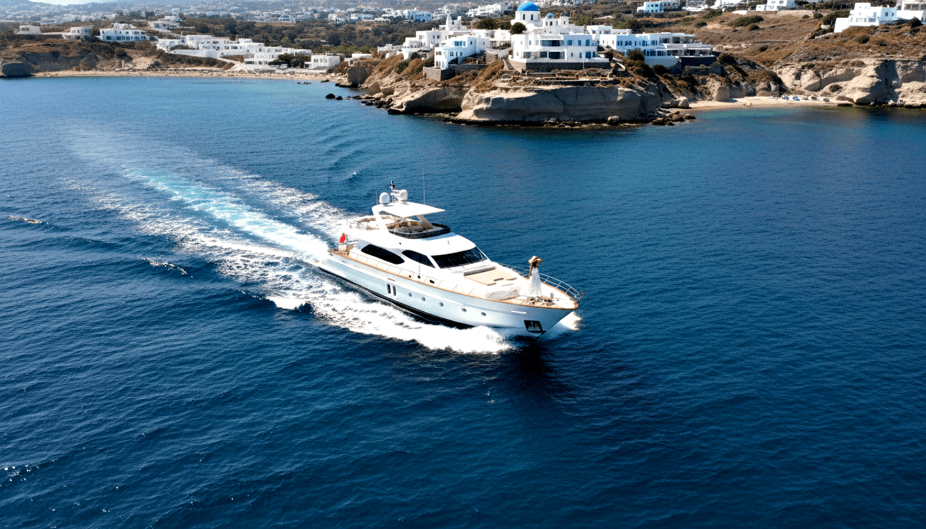 White multi-deck motor yacht cruising fast; figure in white dress and hat on bow, rocky cliffs and sandy beach behind.