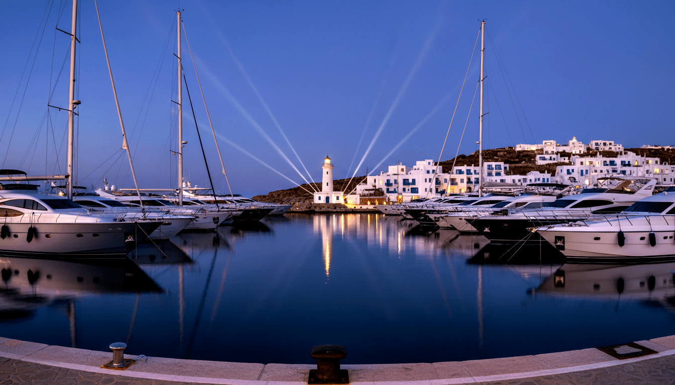 Marina at blue-hour twilight with white lighthouse on rocky promontory, rows of moored yachts, and hillside of white cubic buildings.