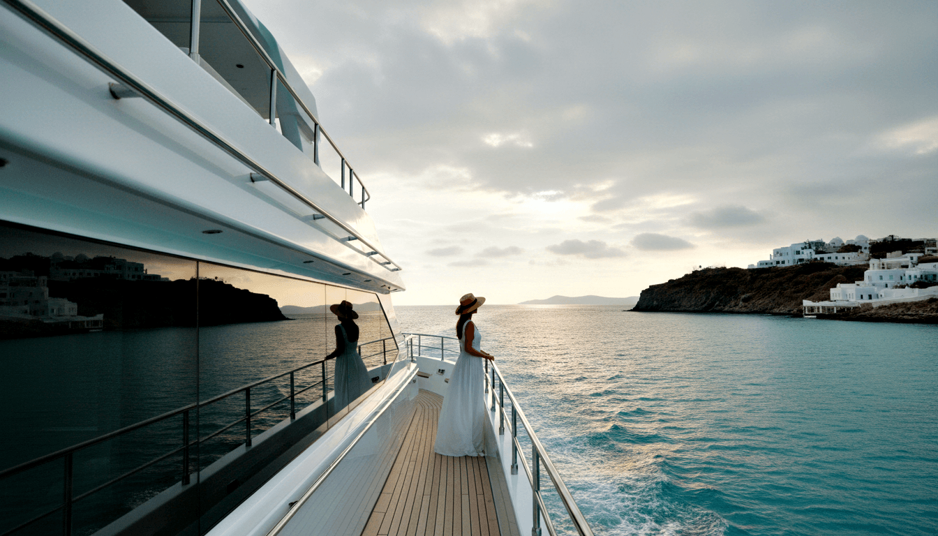 Woman in white maxi dress and straw hat on yacht walkway, facing turquoise water with rocky cliffs and white buildings on shore.