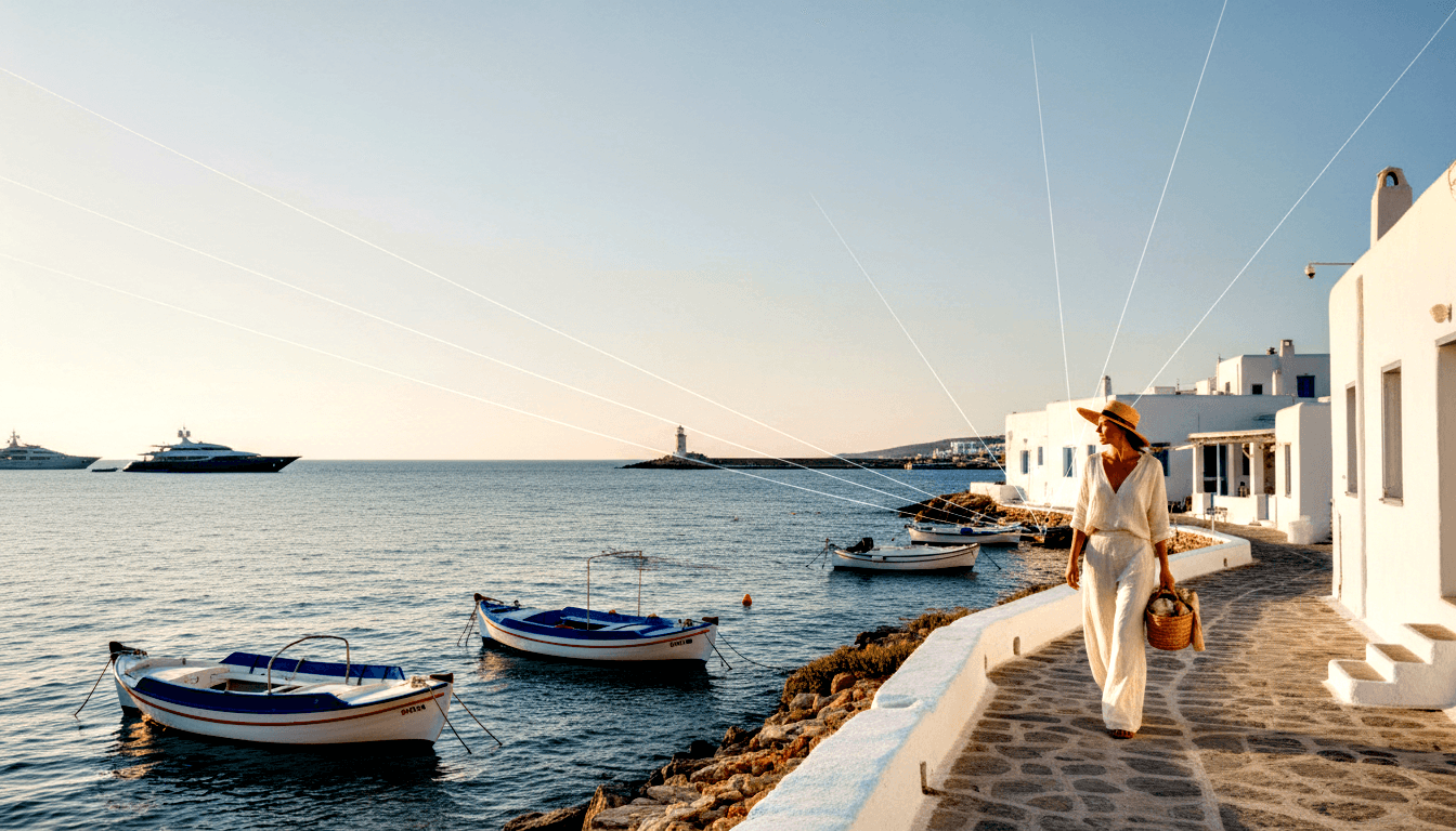 Woman in white linen trousers, loose top, straw hat, wicker bag walks cobblestone waterfront promenade at golden hour.