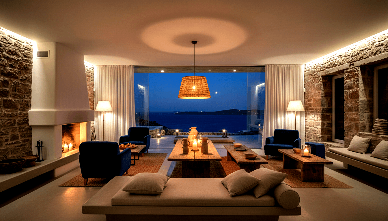 Stone-walled living room at night: woven pendant lamp, navy velvet armchairs, glowing fireplace, glass doors open to twilight sea.