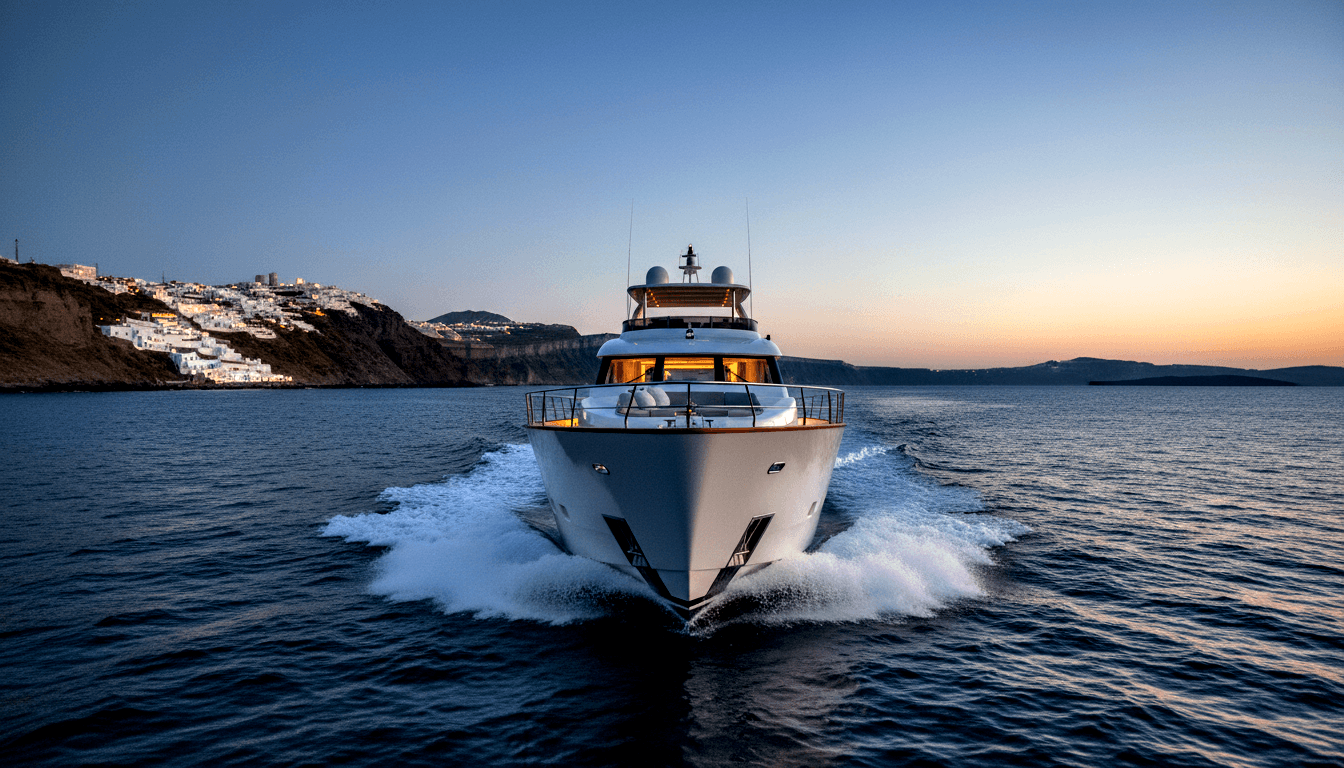 Large white multi-deck motor yacht at speed through calm water at dusk, stern view, with amber cabin lighting and white foam wake.