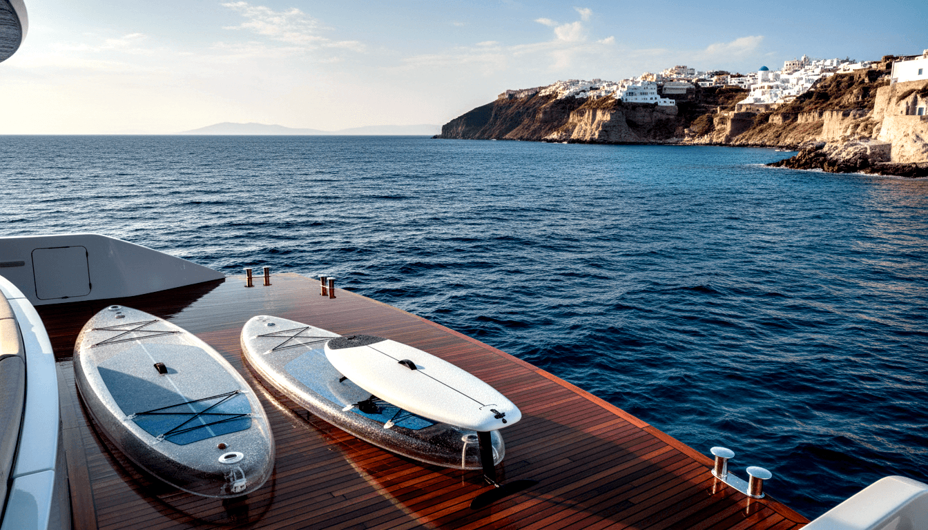 Two transparent paddleboards with bungee rigging on a teak yacht swim platform, with rocky coastal cliff and white cubic buildings beyond.
