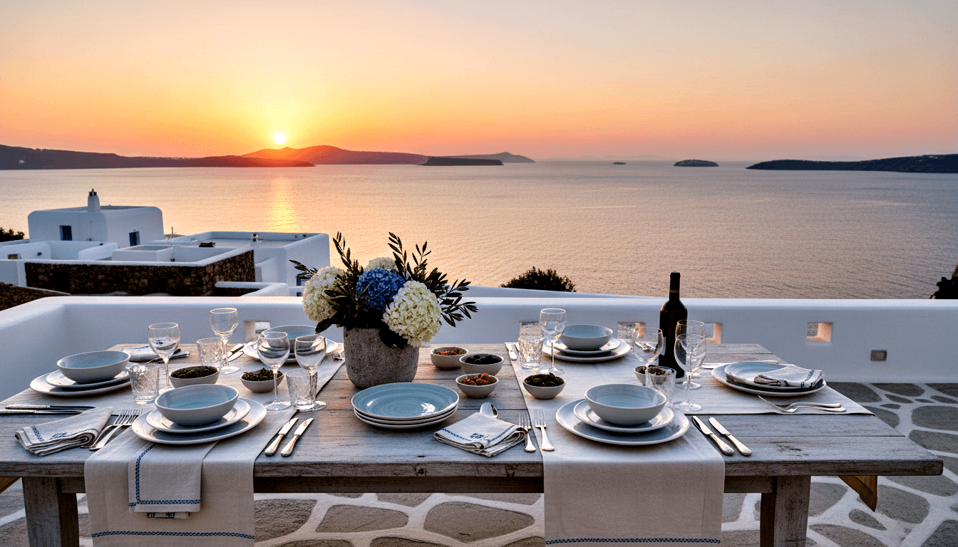 Wooden dining table set for six on a terrace overlooking calm sea at golden hour, with blue-grey plates, hydrangeas, and olive branches.
