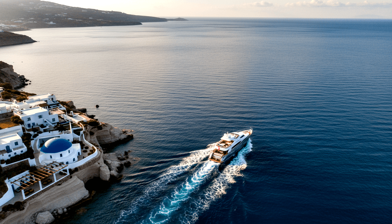 White motor yacht cruising across cobalt blue water near rocky limestone coast with white buildings and blue-domed chapel.